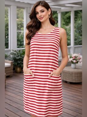 S Max Mara Striped Sleeveless Dress Red White Nautical Pockets Casual Chic